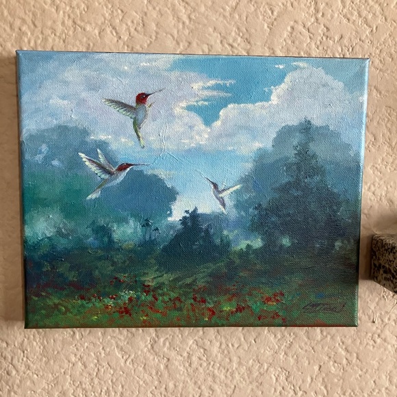 Hand Crafted Other - Hummingbirds landscaping art original painting bird artwork by artisan Artettina
